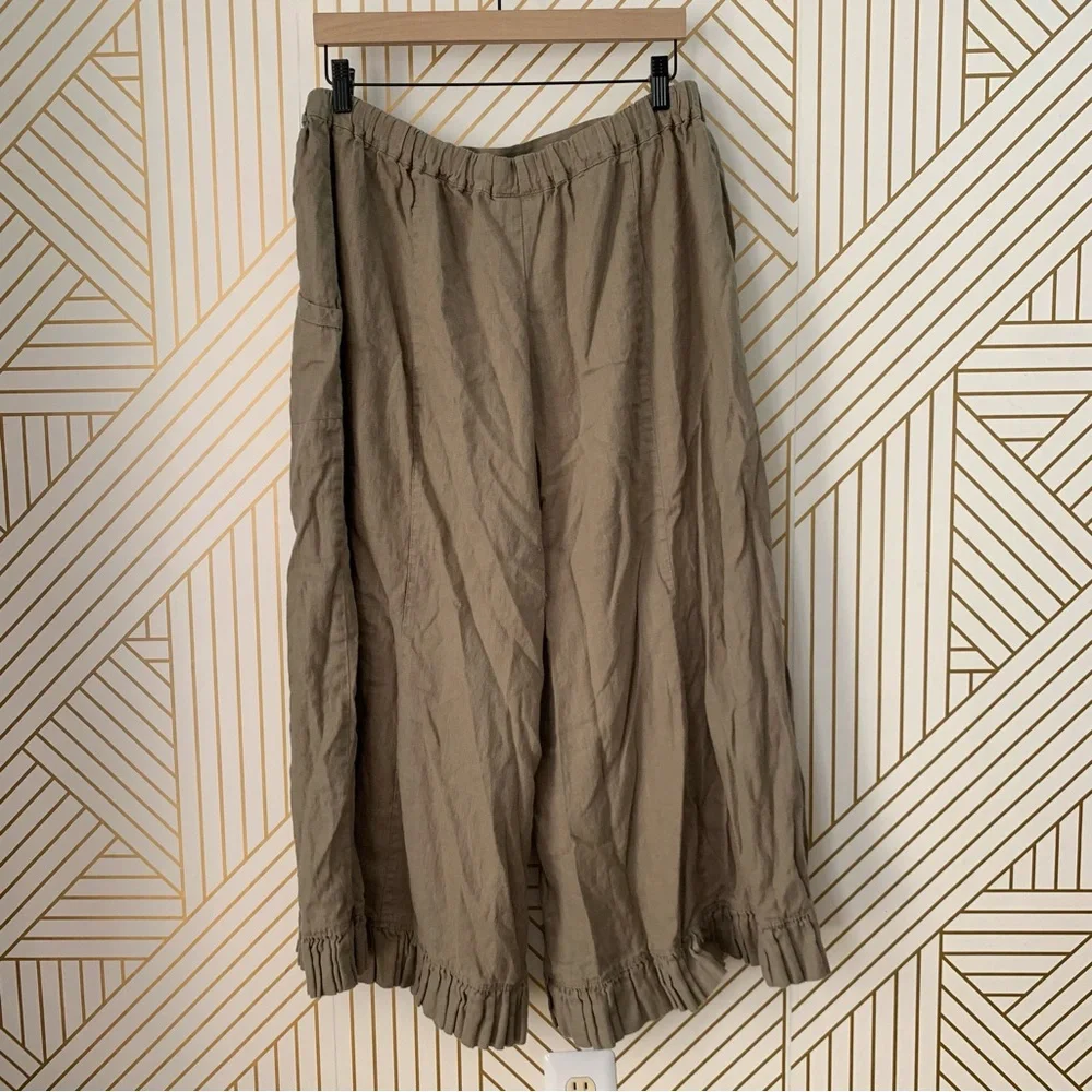 Heart’s Desire by Mary Grace Garbo Lagenlook Wide Leg Ruffle Bottom Linen Pant L - Picture 6 of 9